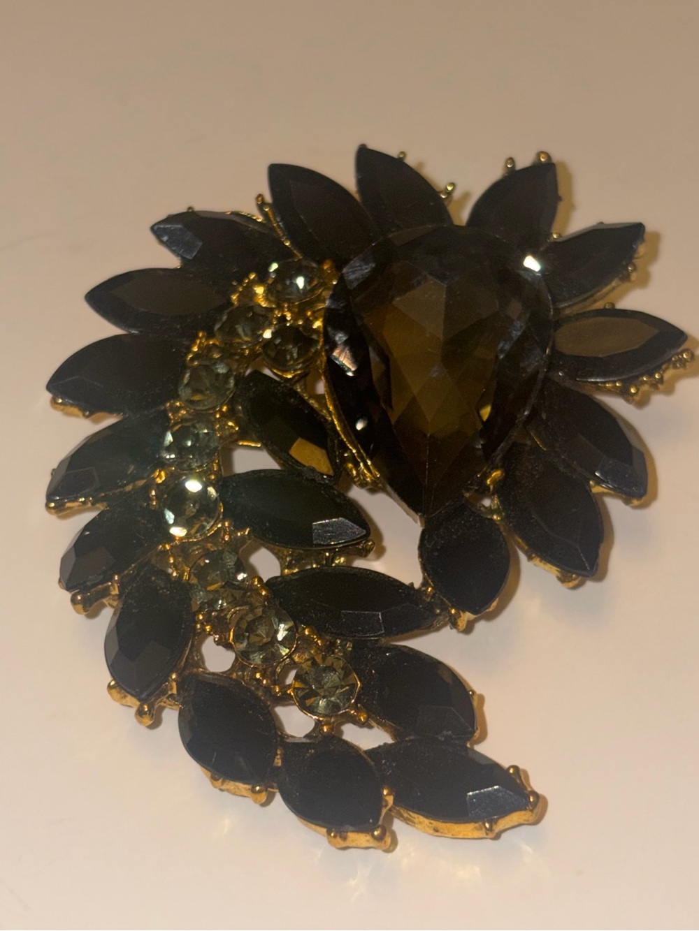 Large Black Rhinestone Statement Brooch Gold Tone Crystal Floral Leaf 3"